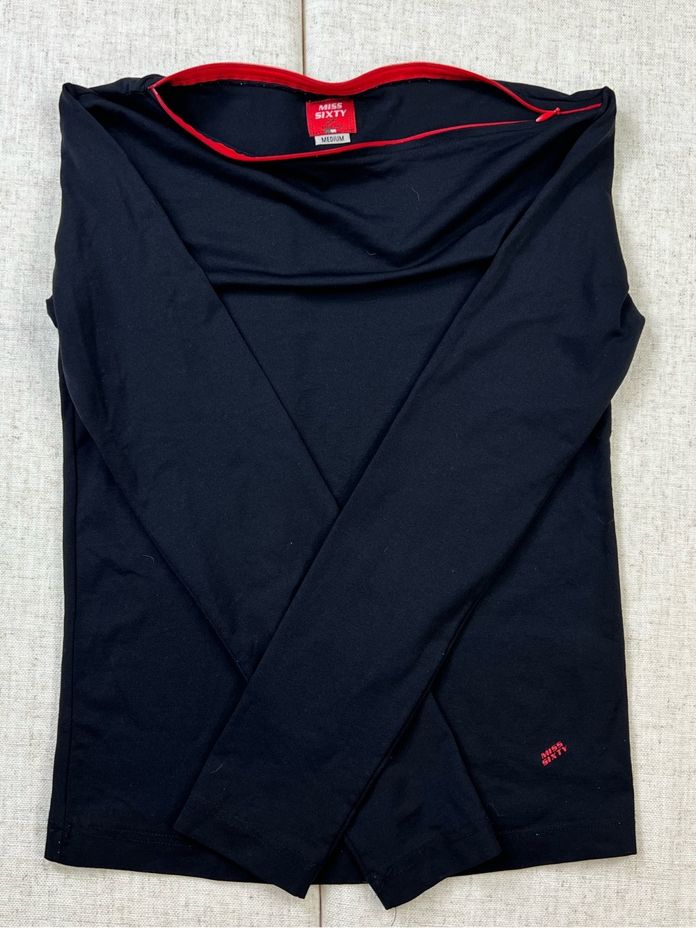 Y2K Miss Sixty Black Boat Neck Red Zip Long Sleeve Top Made in Italy Medium